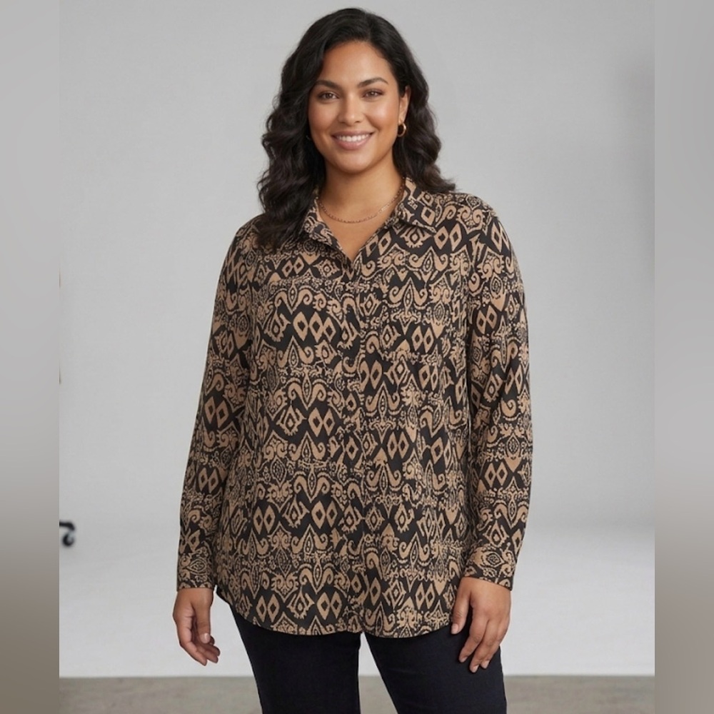 Jones New York Women’s Blouse Size 1X Black & Beige Geometric Print Button Front